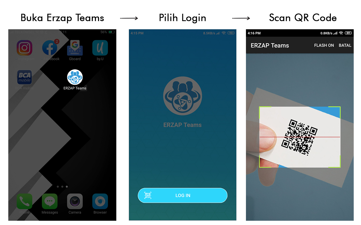 buka aplikasi erzap teams, lalu pilih login, lalu pilih scan QR